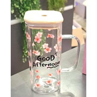 كاسة زجاج مع مصاصة وغطاء بامبو 25/21 