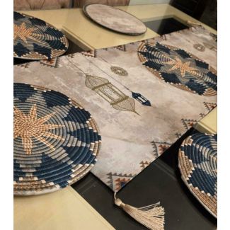 رنر مع 6 كوستر خزف (باللون البيجي والازرق الغامق)