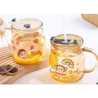 مج زجاج غطاء ومصاصة مع ستيكرات كرتونية 8/129